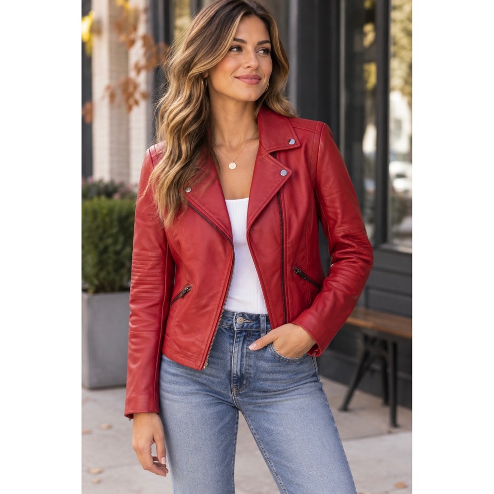 Truth & Pride Red 100% Leather Moto Biker Jacket Nordstrom Women's Small
